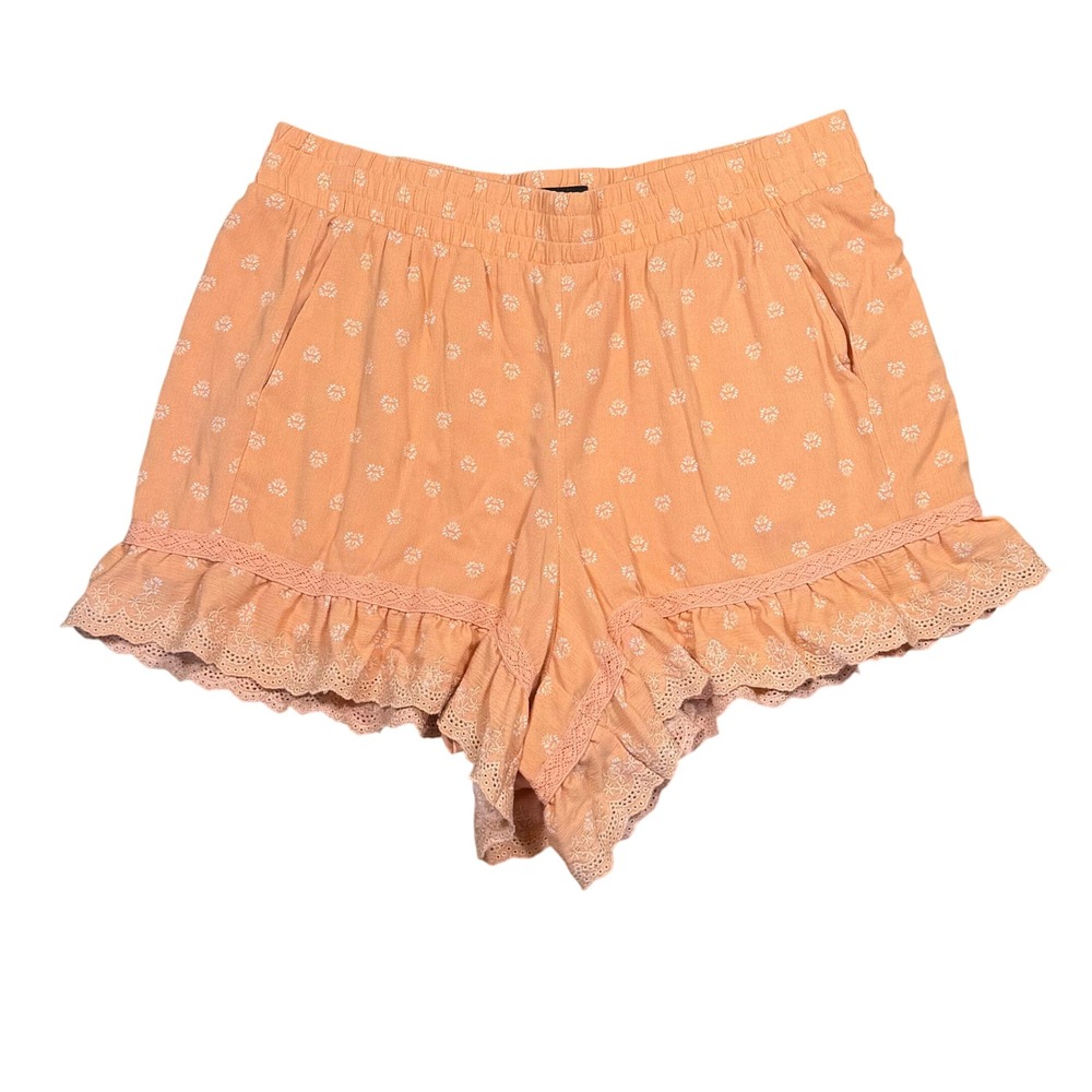 Orange Floral Eyelet Lace Trim Babydoll Shorts Womens L Boho Cottagecore
